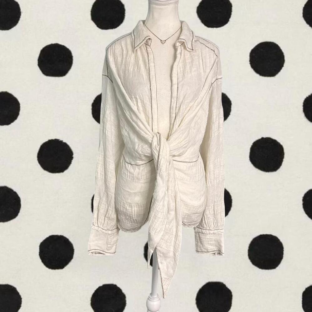 cream button down  shirt with tie front detail Free People Womens Size Small